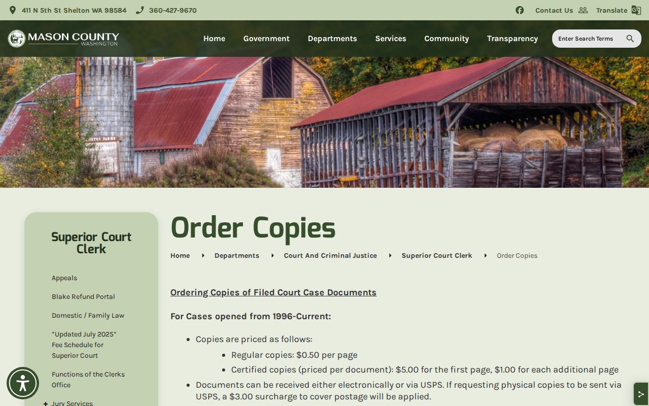 Mason County Superior Court copy and certification options