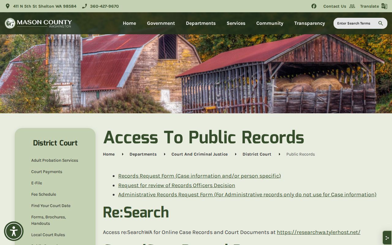 Mason County District Court case record request page