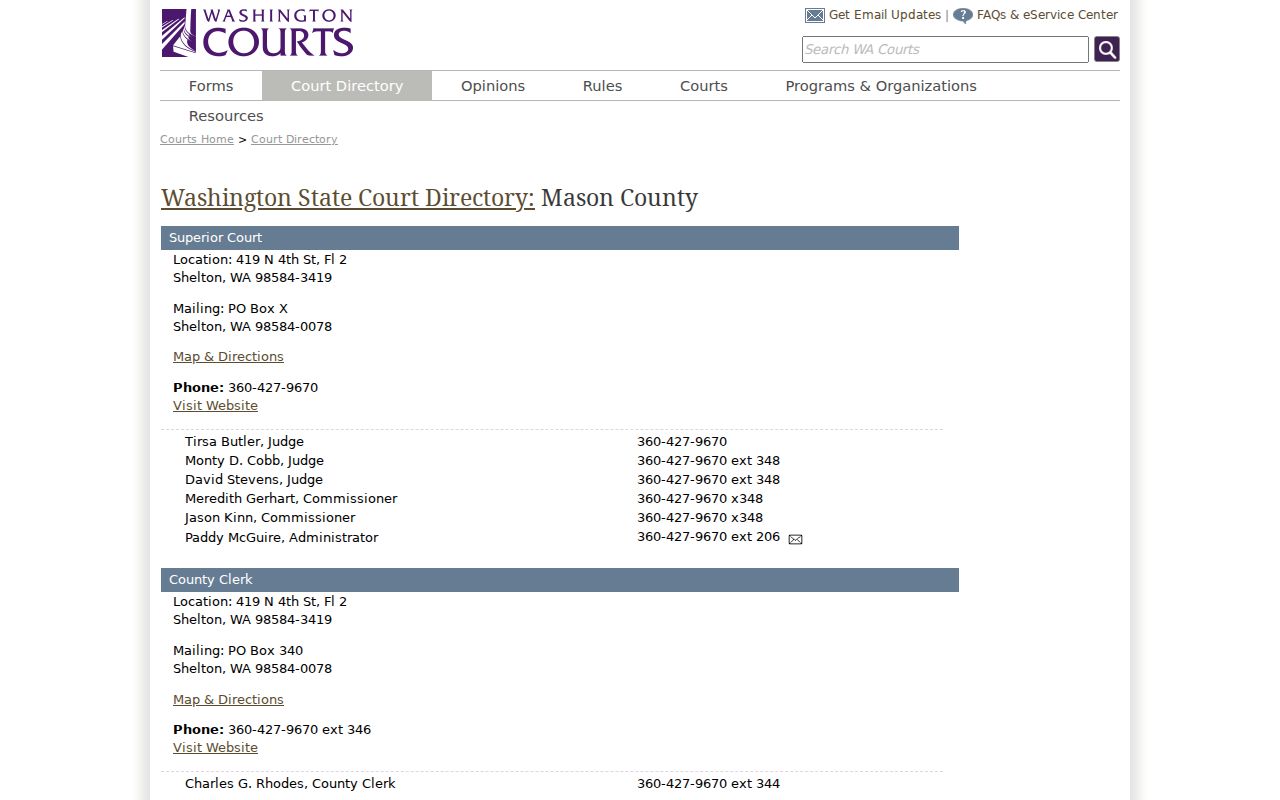 Mason County court docket directory and contacts